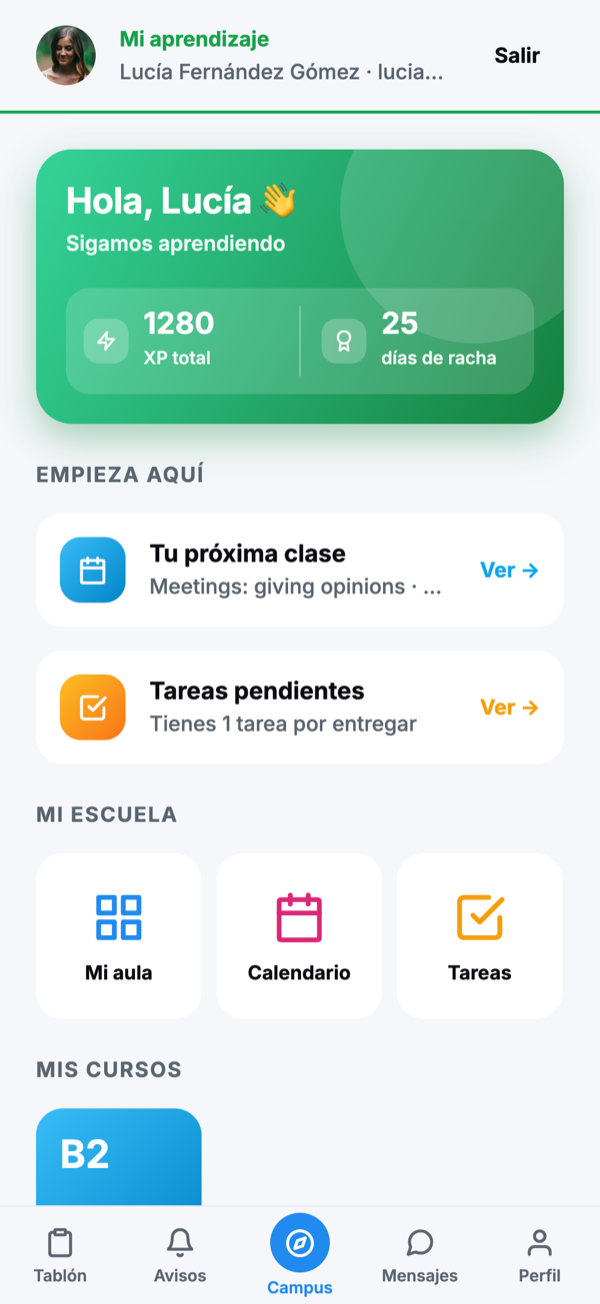 Inicio del alumno con XP y racha