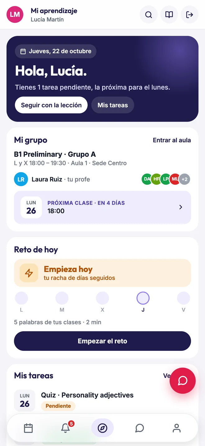Inicio del alumno con su próxima clase, reto de hoy y tareas