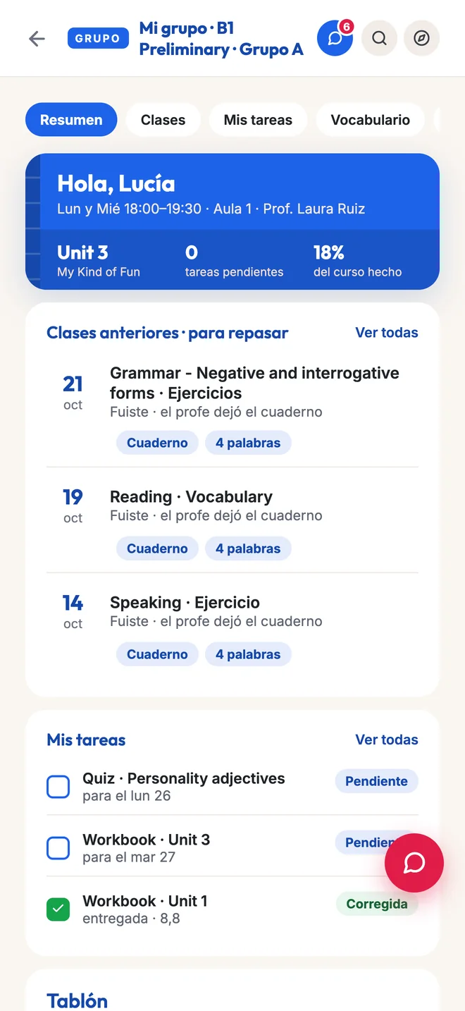 El mismo grupo en el móvil del alumno