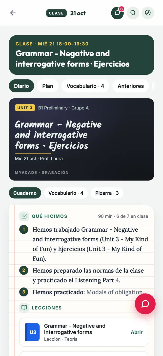 Diario de la clase en el móvil del alumno con lo que se hizo y las lecciones