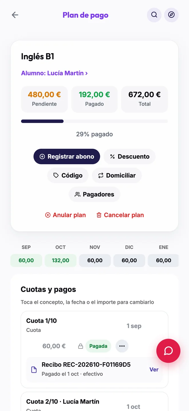 Plan de pago en el móvil con sus cuotas y recibos