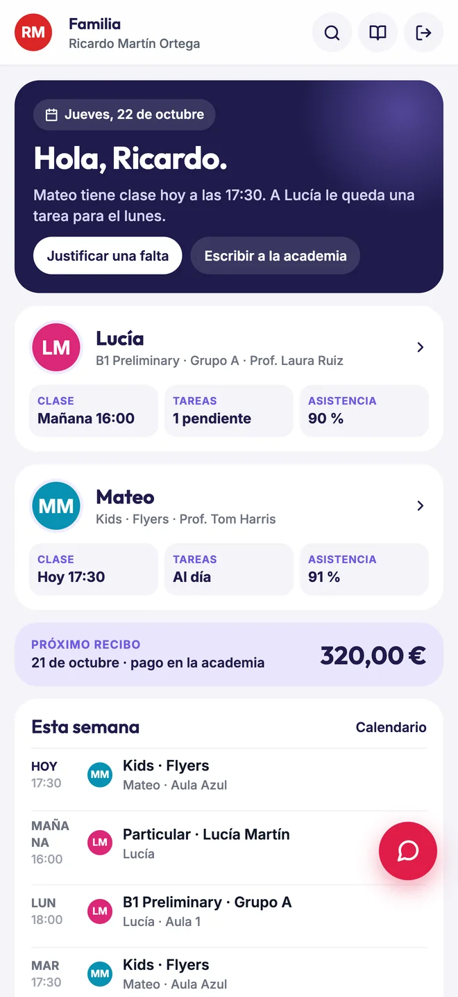 Inicio de la familia con sus hijos, clases, tareas y recibos