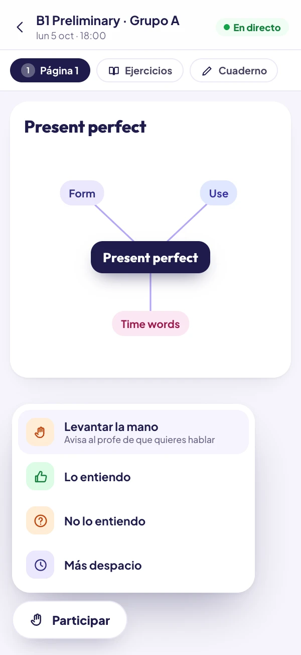 Móvil del alumno con la misma pizarra y el menú Participar